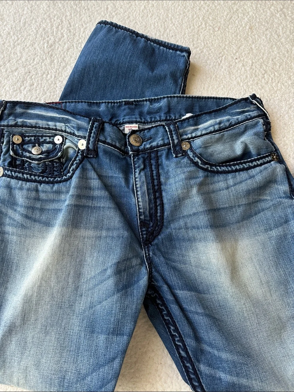 True Religion Light Blue Jeans with Contrast Back Pocket Stitching